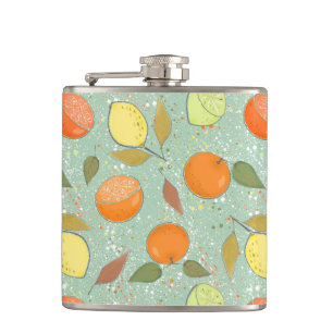 Fruit pattern with lemons, oranges hip flask