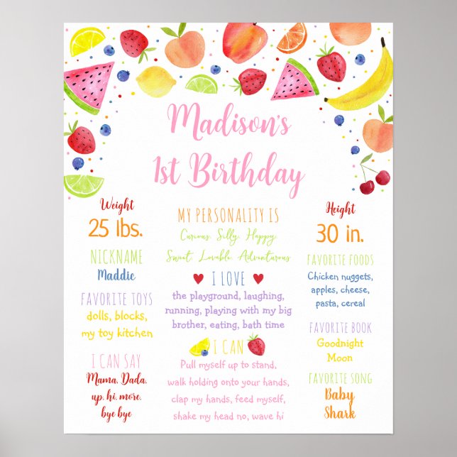 Fruit Pink Girl Summer First Birthday Milestone Poster (Front)