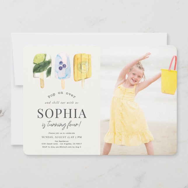 Fruit Popsicle Watercolor Kids Birthday Photo Invitation (Front)