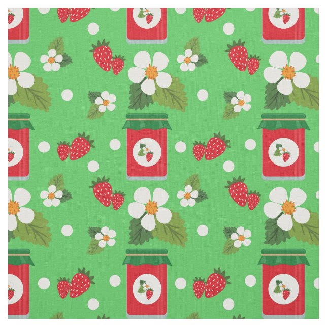 Fruit print strawberry flowers jam green fabric (Swatch)
