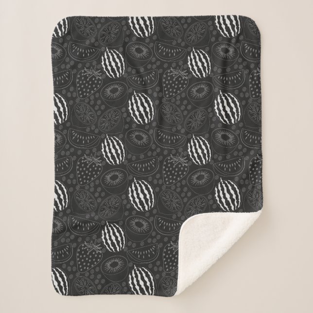 Fruit seamless pattern black and white Tropical Sherpa Blanket (Front)