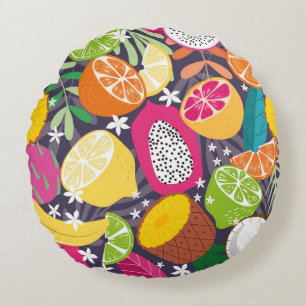 Fruit seamless pattern, collection of exotic tropi round pillow