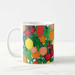 Fruit seamless pattern, hand drawn sketch, orange, coffee mug