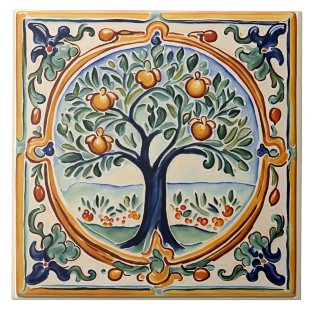 Fruit Tree Mediterranean Italian Rural Folk Art Tile (Front)