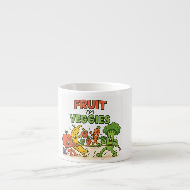 Fruit vs Veggies – Funny Tug of War Cartoon Design Espresso Cup (Front)