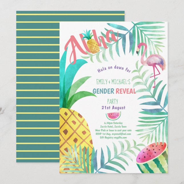 Fruité Tropical GENDER REVEAL Invitations Flamant  (Devant / Derrière)