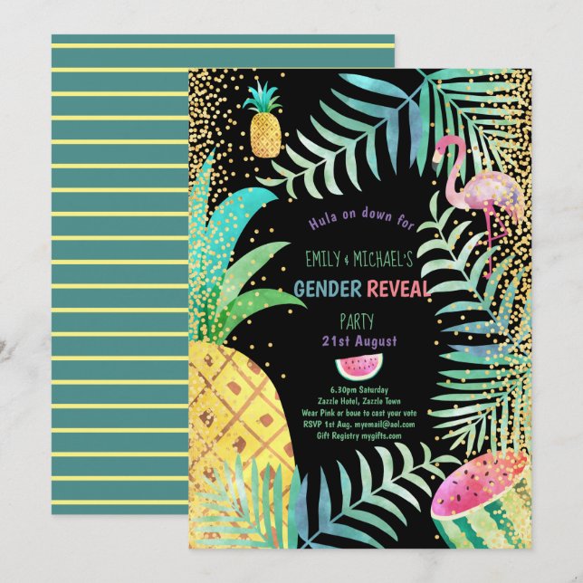 Fruité Tropical GENDER REVEAL Invitations Flamant  (Devant / Derrière)