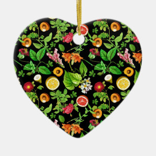 Fruits And Leaves Pattern On Black Ceramic Ornament