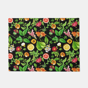 Fruits And Leaves Pattern On Black Doormat