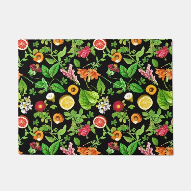 Fruits And Leaves Pattern On Black Doormat (Front)