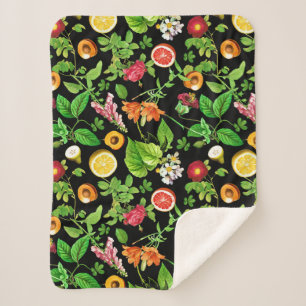 Fruits And Leaves Pattern On Black Sherpa Blanket
