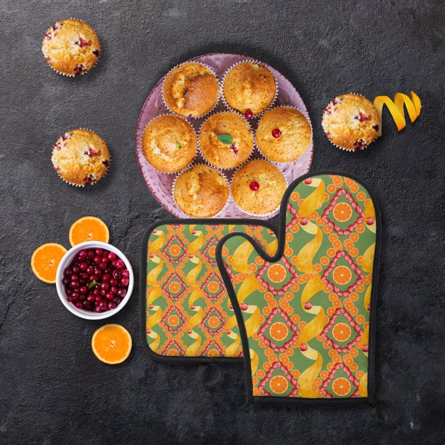 Fruits and zest green oven mitt & pot holder set (Creator Uploaded)