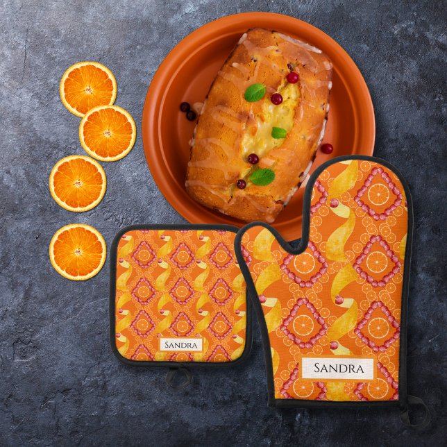 Fruits and Zest Orange Personalized Oven Mitt & Pot Holder Set (Creator Uploaded)