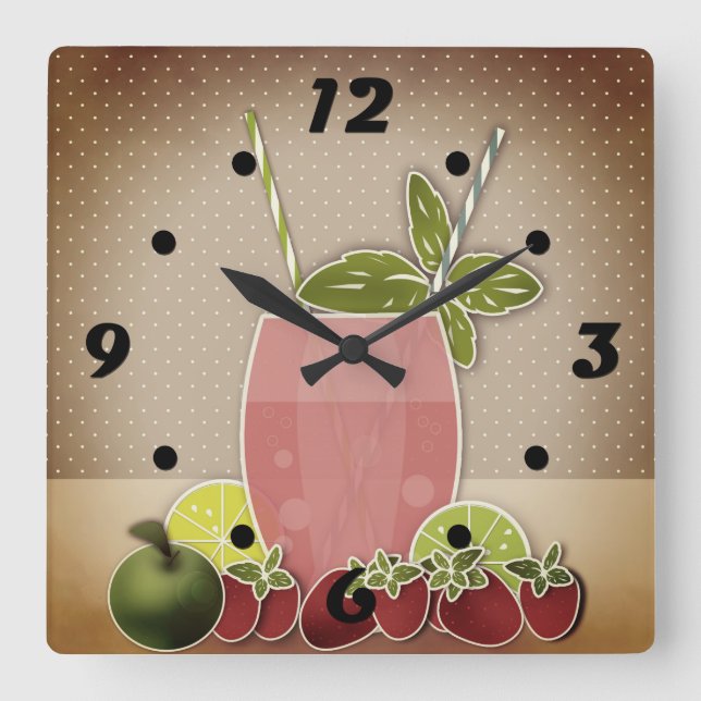 Fruits cocktail strawberry apple lemon lime retro square wall clock (Front)