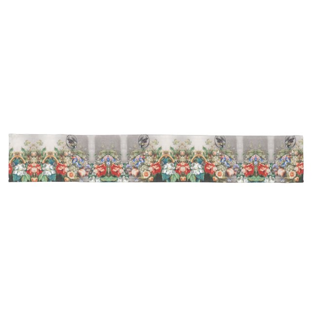 FRUITS ,FLOWERS,GRAPES ,PEACHES AND LITTLE BIRD LONG TABLE RUNNER (Horizontal)