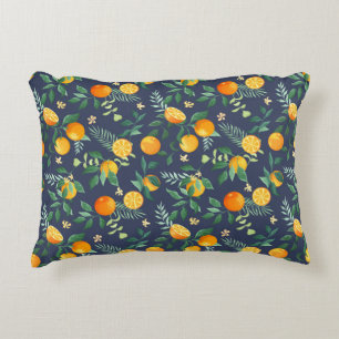 Fruits oranges with tropical leaves and flowers on accent pillow