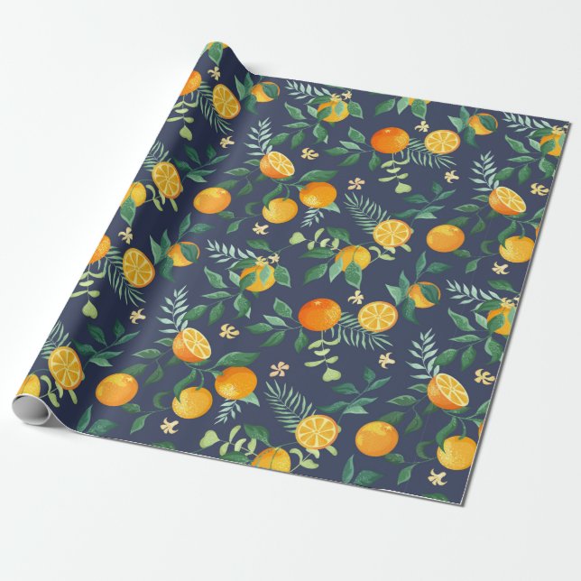 Fruits oranges with tropical leaves and flowers on wrapping paper (Unrolled)