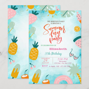 Fruits, Palm Leaf Pool Summer Birthday Party  Invitation