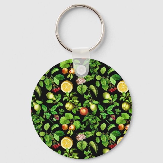 Fruits Pattern On Black Background Keychain (Front)
