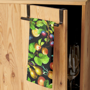 Fruits Pattern On Black Background Kitchen Towel