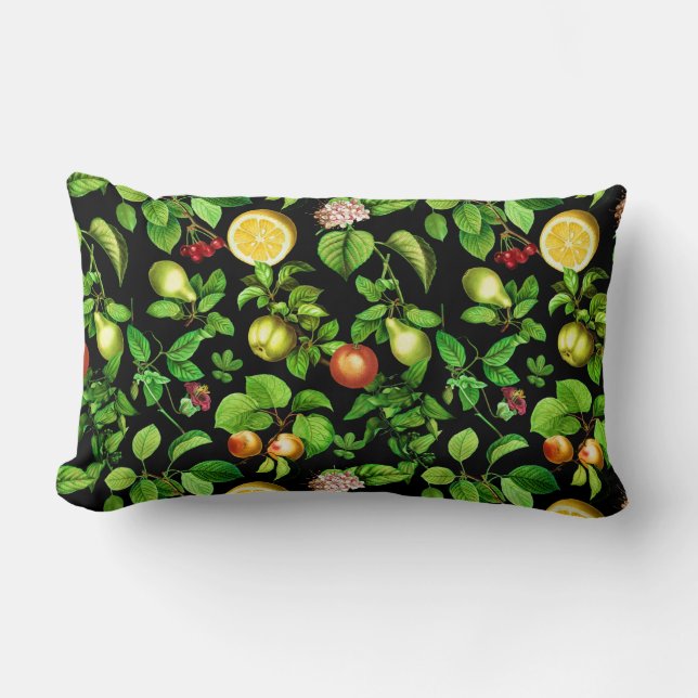 Fruits Pattern On Black Background Lumbar Pillow (Front)