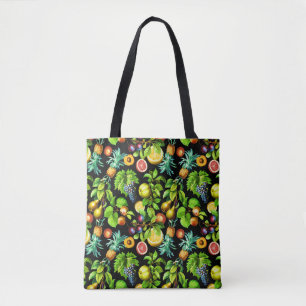Fruits Pattern On Black Background Tote Bag