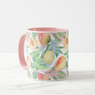 Fruits, peaches, pears, lemons, watercolor mug