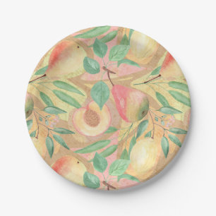 Fruits, peaches, pears, lemons, watercolor paper plate
