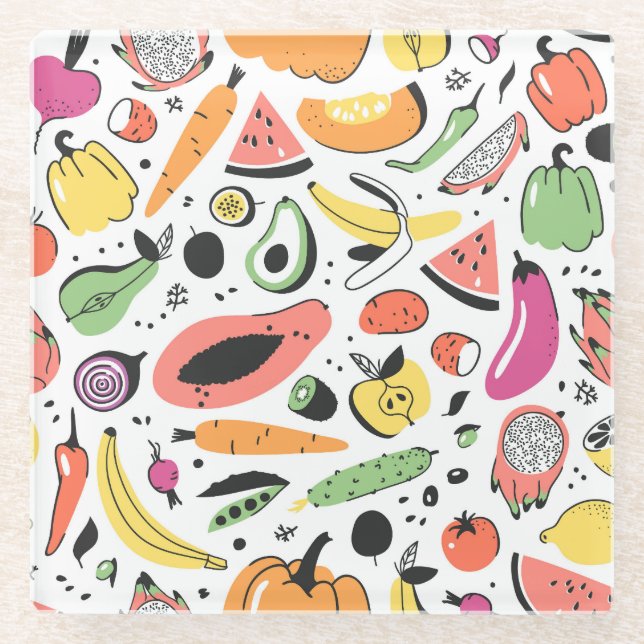 Fruits, vegetables hand drawn pattern. glass coaster (Front)