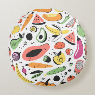 Fruits, vegetables hand drawn pattern. round pillow