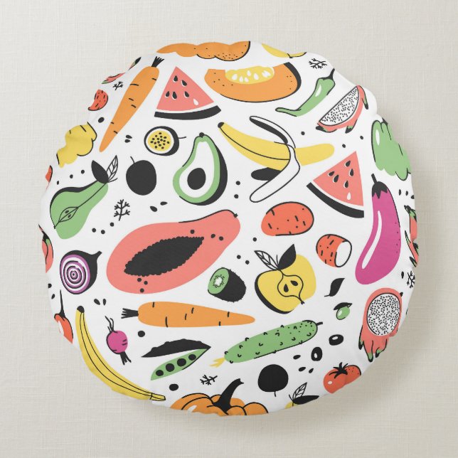 Fruits, vegetables hand drawn pattern. round pillow (Front)