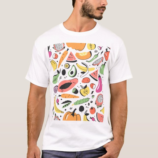 Fruits, vegetables hand drawn pattern. T-Shirt (Front)