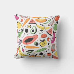Fruits, vegetables hand drawn pattern. throw pillow