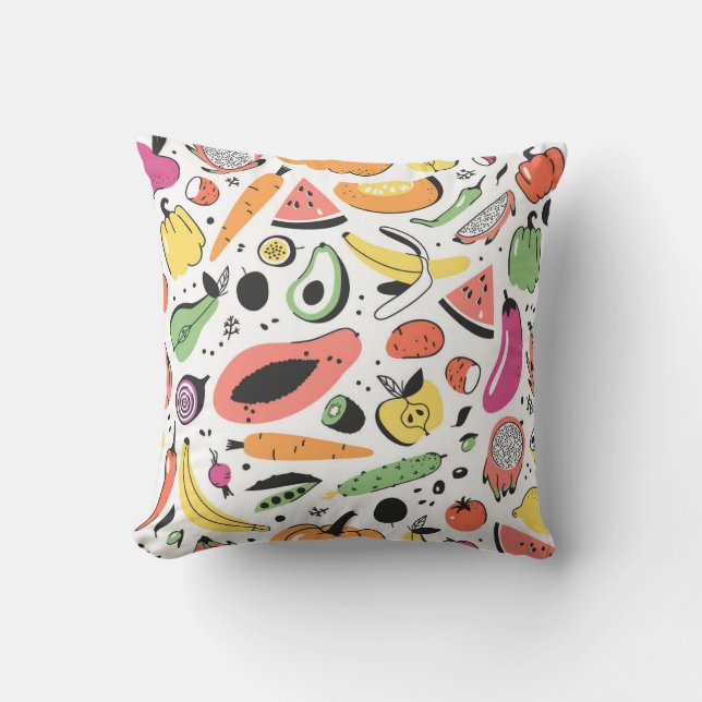 Fruits, vegetables hand drawn pattern. throw pillow (Front)