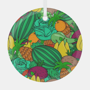 Fruits Vegetables Seamless Vegetarian Pattern Glass Ornament