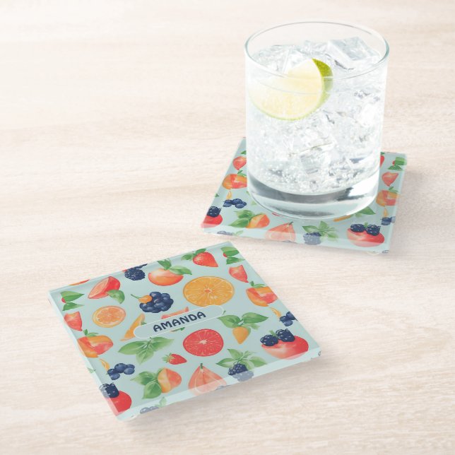 Fruits Watercolor Colourful Personalized Pattern Glass Coaster (Angled)