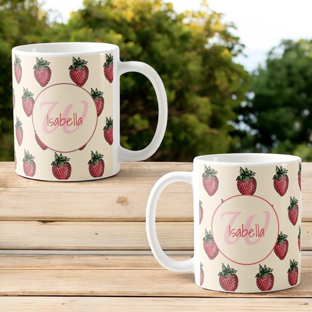 Fruity Fresh Strawberry Pattern Monogram Name Coffee Mug (strawberry pattern template name & monogram mug on both sides of handle)