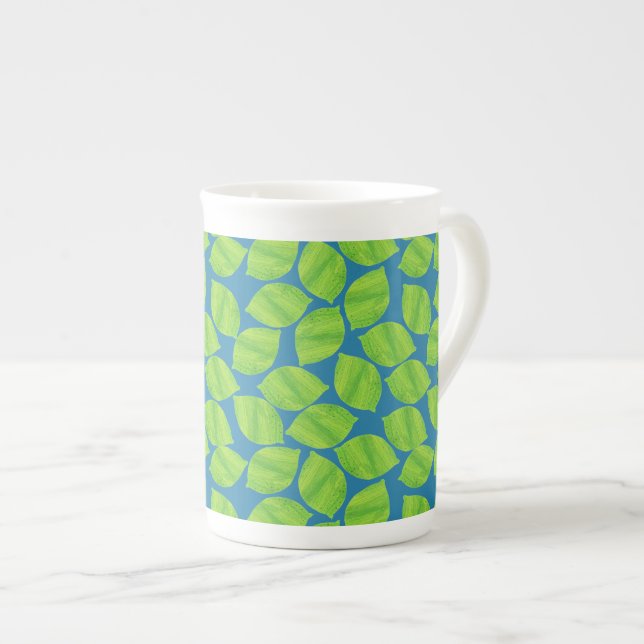 Fruity Green Limes on Blue Background to Customize Bone China Mug (Front Right)