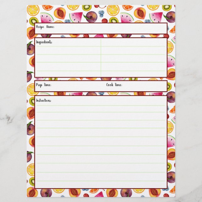 Fruity Recipe Sheet (Front)