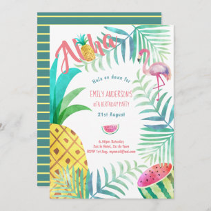 Fruity Tropical Birthday Party  Invites Flamingo