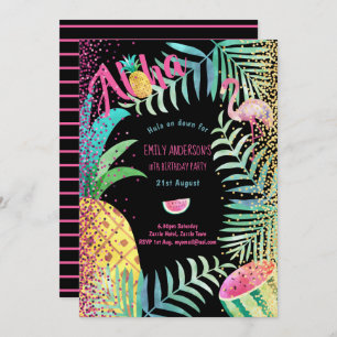 Fruity Tropical Birthday Party  Invites Flamingo