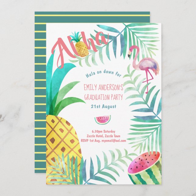 Fruity Tropical Graduation Party Invitations Flama (Devant / Derrière)