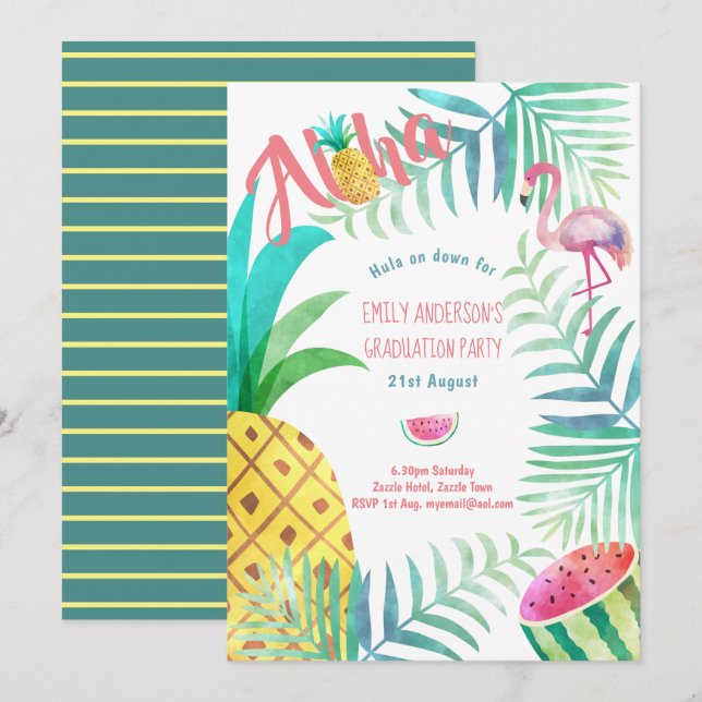 Fruity Tropical Graduation Party  Invites Flamingo (Front/Back)