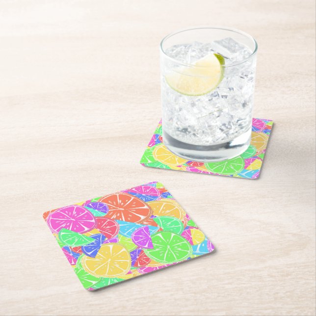 Fruity Tutti Colourful Fruit Slices Square Paper Coaster (Insitu)