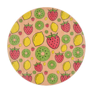 Fruity wallpaper: strawberries, lemons, kiwis. cutting board