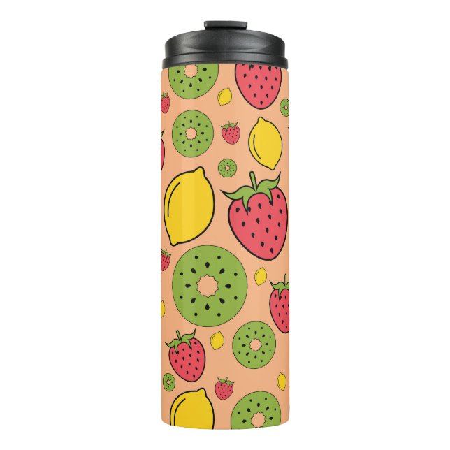 Fruity wallpaper: strawberries, lemons, kiwis. thermal tumbler (Front)