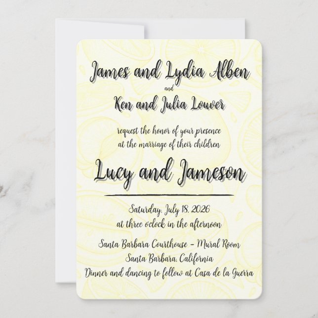 Fruity yellow citrus formal wedding invitation (Devant)