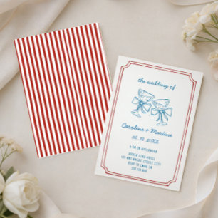 frunky hand drawn blue red wedding invitation