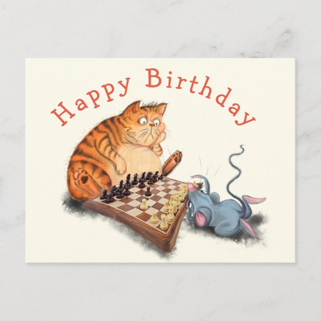 FRunny Cat and Mouse Playing Chess Birthday Card (Front)
