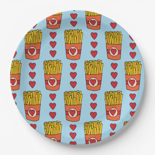 Fry Day I'm in Love | Punny Cartoon French Fries S Paper Plate (Front)